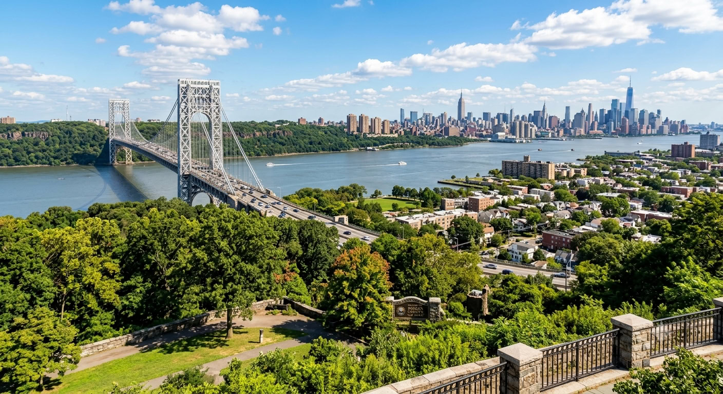 Gemini_Generated_Image_5wn6et5wn6et5wn6 (1) The George Washington Bridge and the Manhattan skyline beyond a leafy New Jersey neighborhood