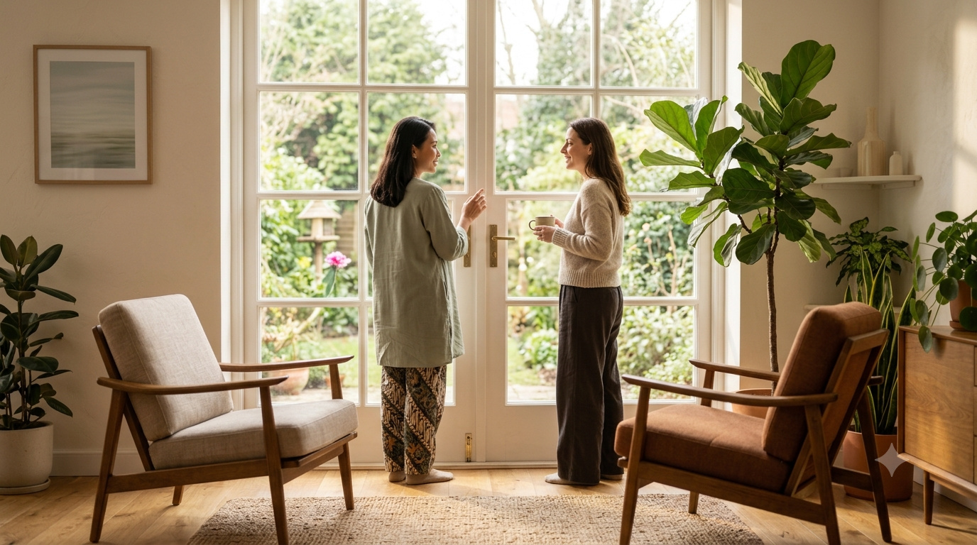 Two women stand talking in a bright sitting room with open garden doors and houseplants