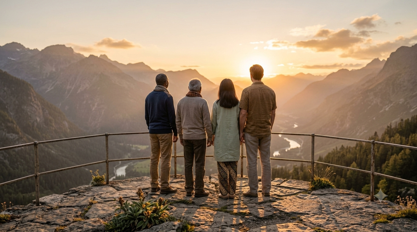 Four people stand together at a mountain overlook at sunset, looking out over a valley